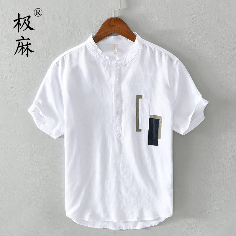 极麻日系清新套头立领短袖棉麻衬衫男士夏季休闲宽松青年亚麻衬衣