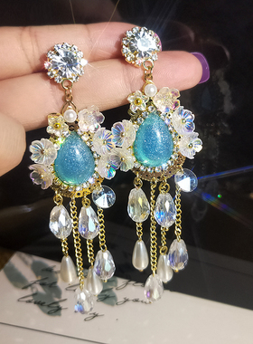 蓝色花朵流苏长款耳环女2021新款潮日韩网红气质耳坠夸张独特耳饰