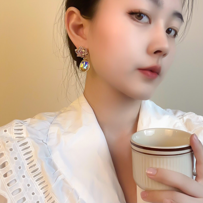 小众设计小巧个性耳饰粉色满钻镶嵌六角星镀金耳环彩色水晶吊坠潮