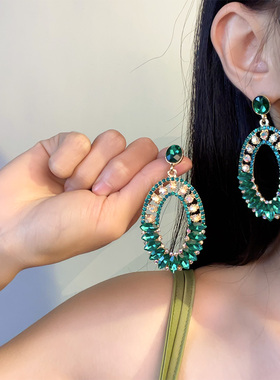 银针镶钻椭圆绿色玻璃几何耳环女欧美夸张耳坠时尚气质高级感耳饰