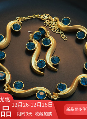 波浪纹蓝色复古项链耳环套装女时尚金属首饰高级感配饰品