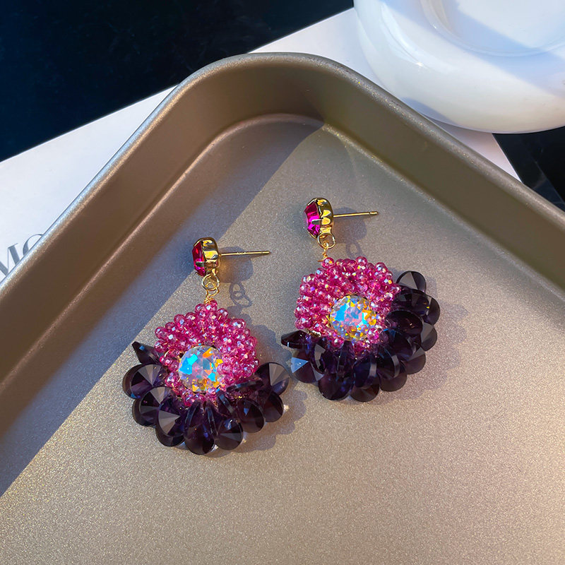 欧美重工轻奢紫色耳环个性高级感施华L水晶花朵复古气质耳坠耳饰