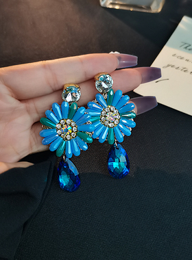 蓝色水晶花瓣耳坠欧美流行配饰甜美耳饰流苏气质独特新款高端耳环