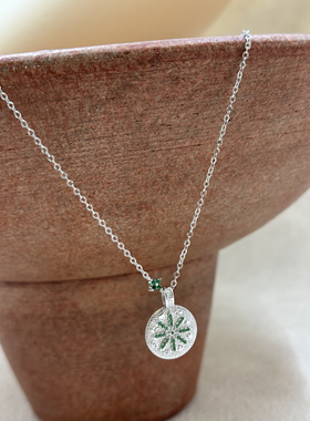 S925通体银 白金色文艺复兴罗盘彩石可调节项链 RE027