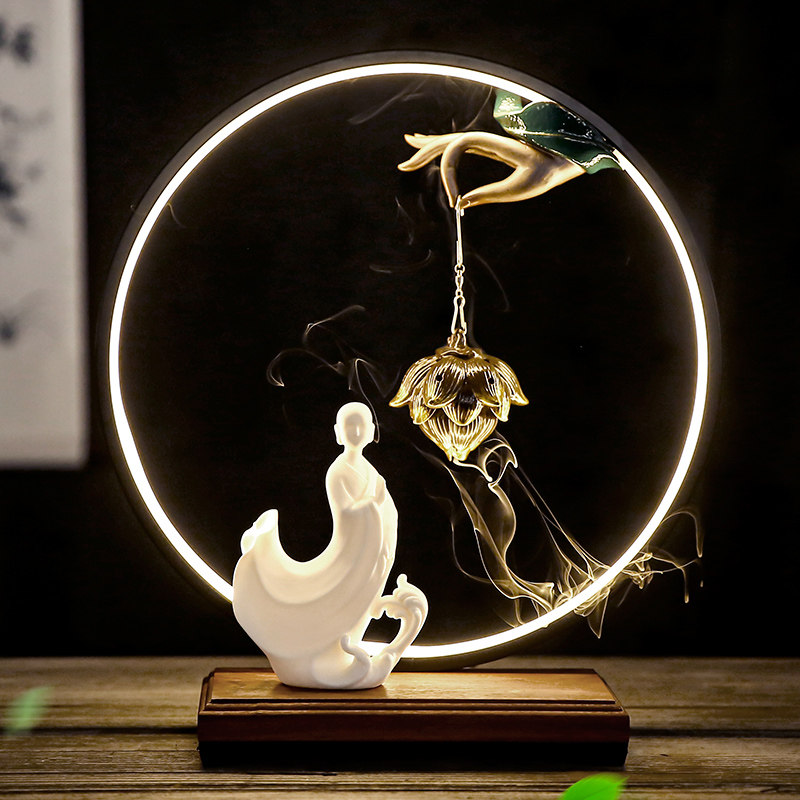 禅意佛手灯圈倒流香炉创意摆件莲花吊炉家用室内盘香炉陶瓷香熏炉
