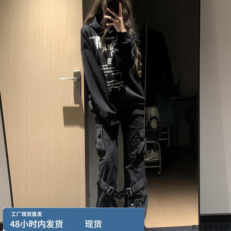 美式潮牌字母印花重磅连帽卫衣女秋冬新款宽松设计感小众情侣外套