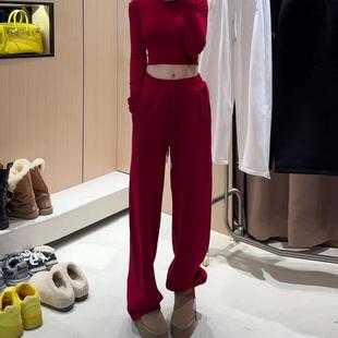 韩系独特好看的运动裤子女2025新款冬加绒红色小个子显瘦阔腿卫裤