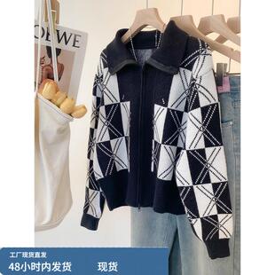 双拉链黑白格纹浣熊绒开衫毛衣女厚秋冬软糯针织外套保暖外穿上衣