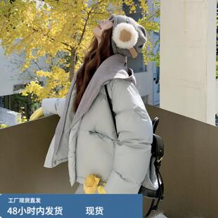 针织连帽假两件蓝色短款羽绒服女冬俏皮减龄小个子加厚面包服外套