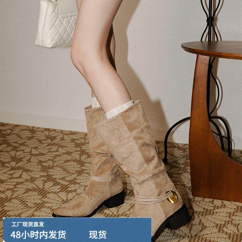 梨小七~小众设计流浪风西部牛仔靴女覆古尖头绒面显瘦中筒骑士靴