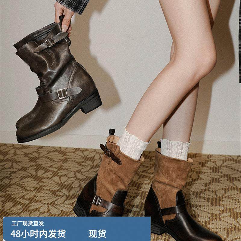 梨小七~百搭时尚旧做西部牛仔靴女覆古擦色百搭皮带扣粗跟骑士靴