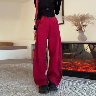 小个子超好看的裤子女2025新款冬加绒加厚红色梨型身材阔腿牛仔裤
