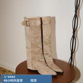 管靴女尖头皮带扣显瘦西部靴子 秋冬绒面氛围感气质裤 时尚