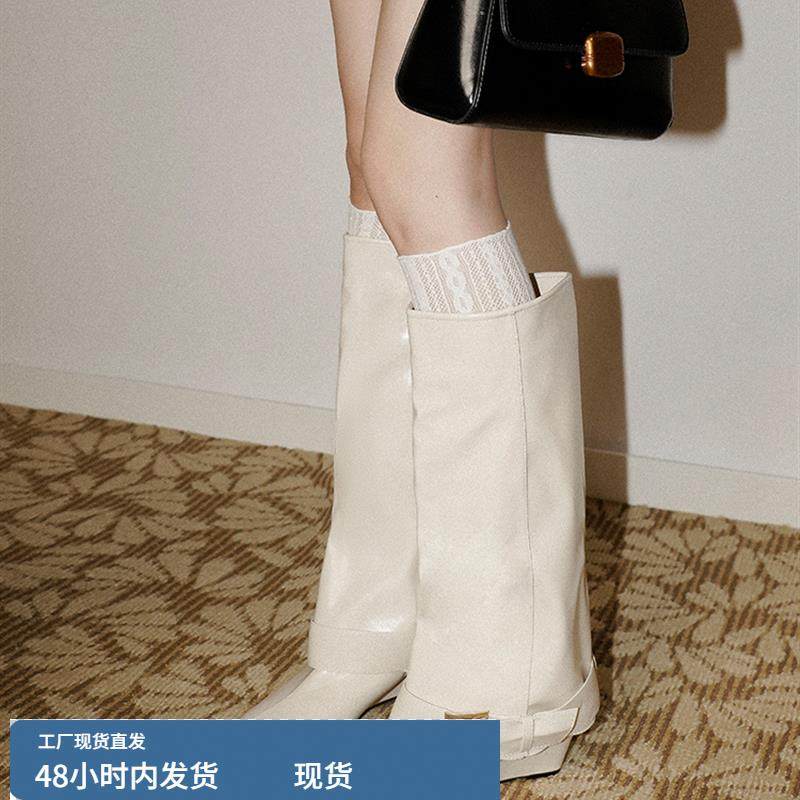 梨小七~坡跟长筒靴女法式气质小众设计感裤管靴皮带扣尖头骑士靴