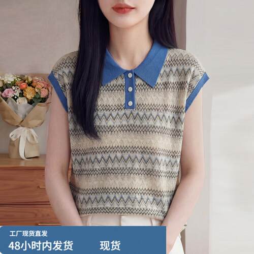 复古POLO领撞色条纹针织1/4吋套筒扳手袖T恤衫女夏薄宽松显瘦百搭