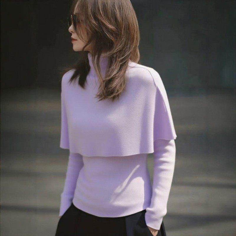 韩系氛围感穿搭紫色斗篷针织衫女秋冬独特漂亮超好看显瘦气质上衣