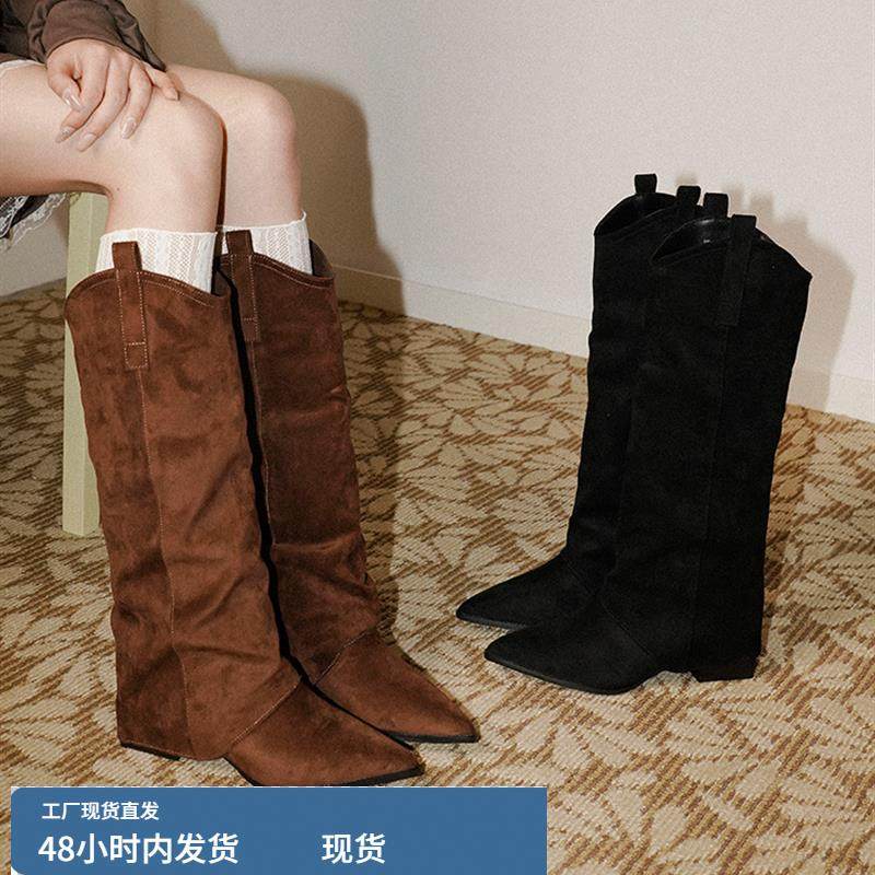 梨小七~覆古绒面新款宽筒显瘦裤管靴简约气质不过膝尖头高筒长靴