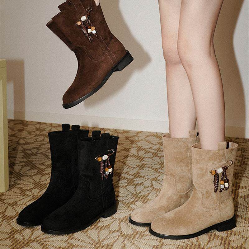 梨小七~西部靴女覆古绒面流苏显瘦骑士靴女简约低跟沙漠中筒靴子