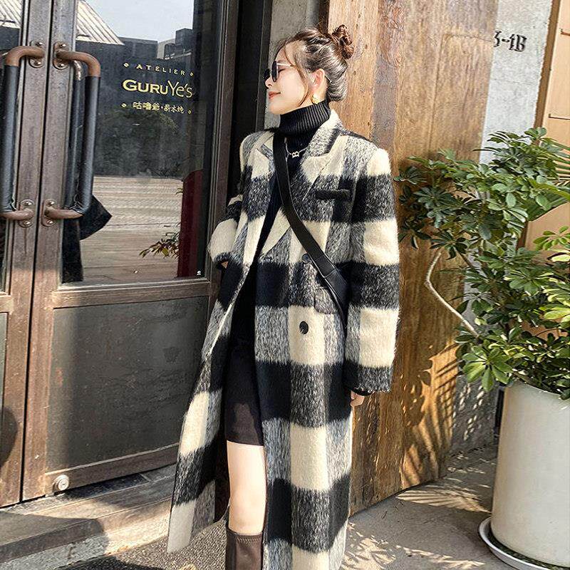 黑白格子毛呢外套女中长款2025新款秋冬高级感小个子加厚呢子大衣