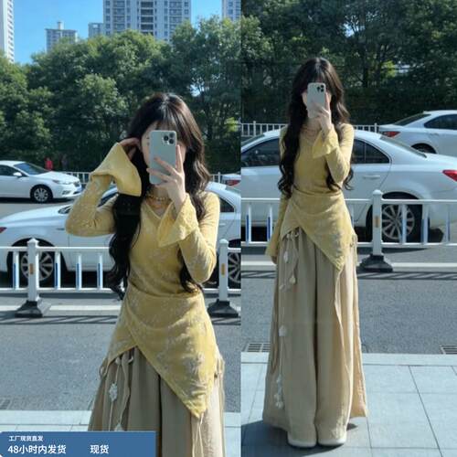 入春搭配一整套大码胖mm不规则上衣阔腿裤新中式禅意巨好看套装女