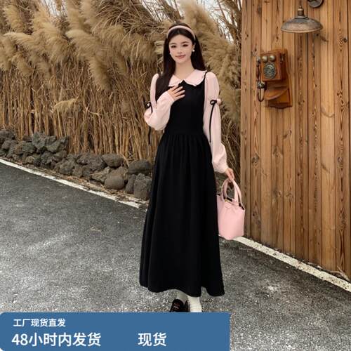 假两件娃娃领洋装女秋冬新款大尺码胖mm显瘦收腰巨好看漂亮长裙子