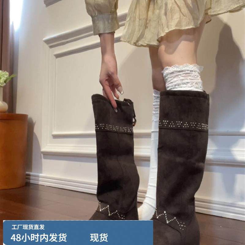 梨小七~设计感内增高绑带西部靴女废土时尚铆钉绒面尖头小众长靴