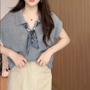 韩版甜美气质蝴蝶结系带POLO领短袖T恤女夏季设计感正肩百搭上衣