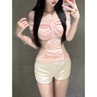 韩系纯欲风辣妹气质粉色正肩短袖 小个子超好看套头上衣 t恤女夏季