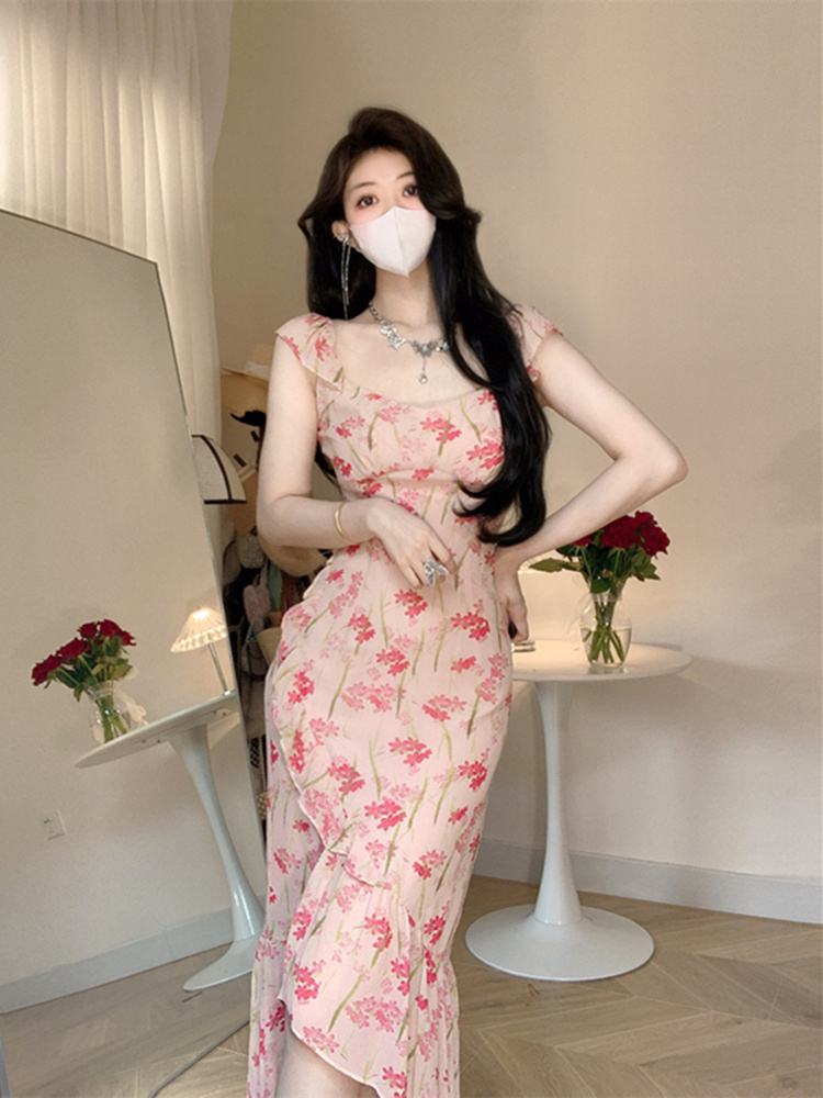 ACHI大也池v领法式碎花连衣裙进口乔其纱小飞袖收腰包臀鱼尾裙子