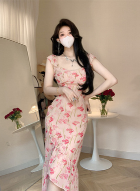 ACHI大也池v领法式碎花连衣裙进口乔其纱小飞袖收腰包臀鱼尾裙子