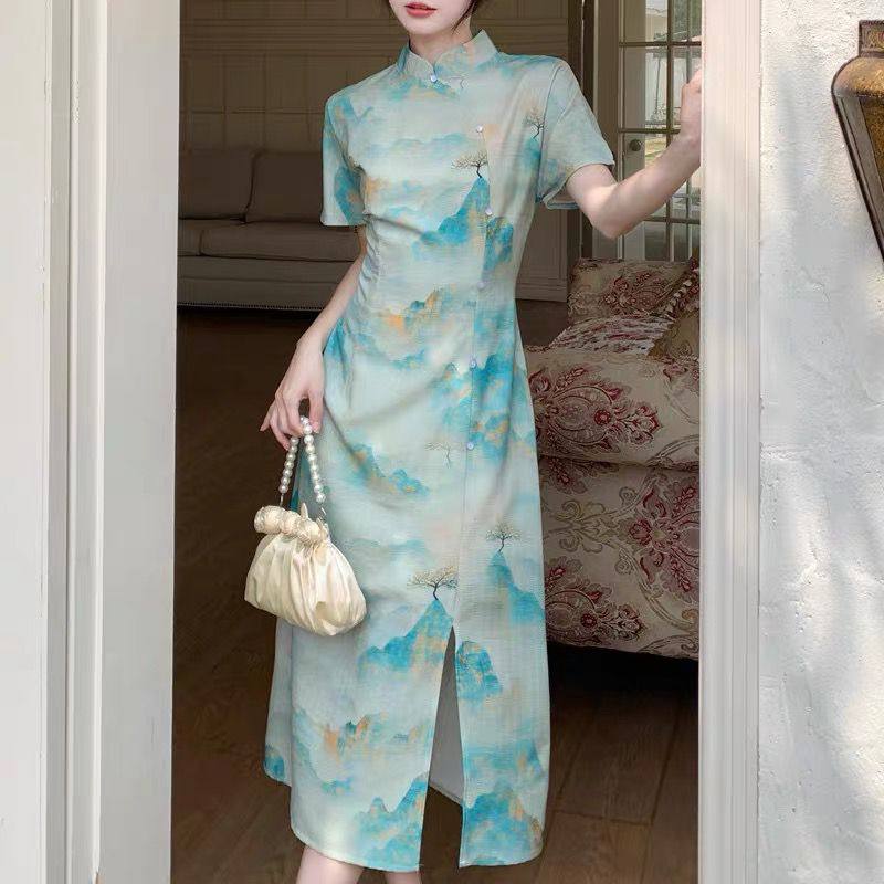 千里江山图新中式旗袍民国风连衣裙女新款大码胖妹妹收腰显瘦长裙