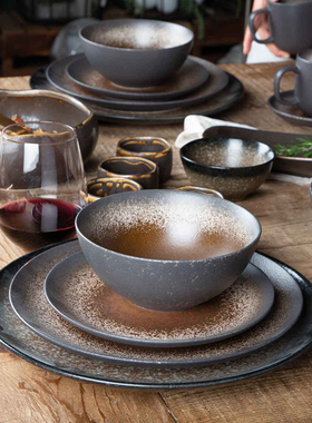 西班牙AMBIENTE GOURMET窑变咖啡色高温陶瓷异形碗盘杯碟子套装