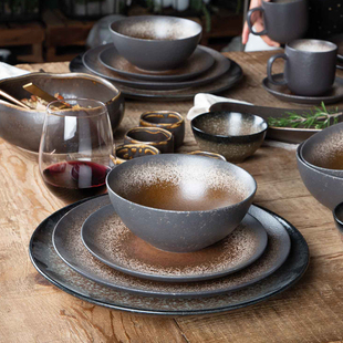 西班牙AMBIENTE GOURMET窑变咖啡色高温陶瓷异形碗盘杯碟子套装