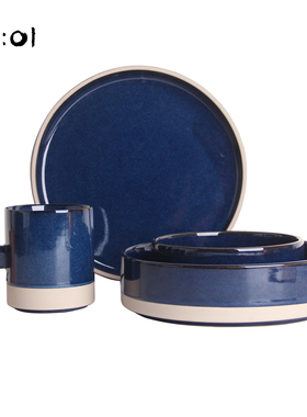 韩国韩式外贸直身高温陶瓷沙土平底泡菜汤碗盘蓝色窑变餐具