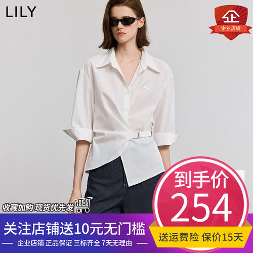 LILY2026夏新款女装简约休闲落肩七分袖腰带收腰通勤薄款衬衫外套