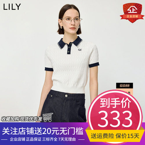 LILY2026夏新款女装老钱风撞色POLO领休闲气质通勤短袖白色针织衫