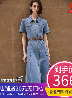 LILY2025秋新款女装复古丹宁蓝色牛仔衬衫裙腰带高腰通勤连衣裙