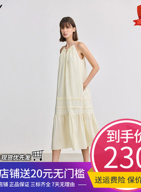 LILY2025春新款女装气质宽松休闲小V领挂脖连衣裙黄色A字蛋糕裙