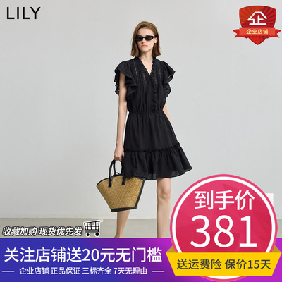 小黑裙LILY2025夏新款女装含亚麻法式花边垂感橡筋腰休闲连衣裙女