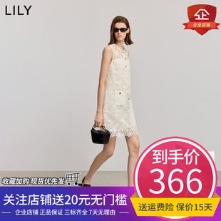 LILY2025夏新款女装复古优雅小香风蕾丝绣花无袖圆领连衣裙直筒裙