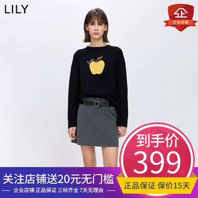 LILY2026春新款羊毛混纺刺绣撞色上衣黑色针织衫套头毛衣外套女