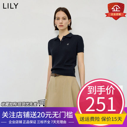 LILY2026夏新女装含莱赛尔亚麻简约POLO领休闲通勤短袖针织T恤衫