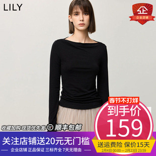【商场同款】LILY2025春新款莱赛尔绵羊毛混纺一字肩修身黑色T恤