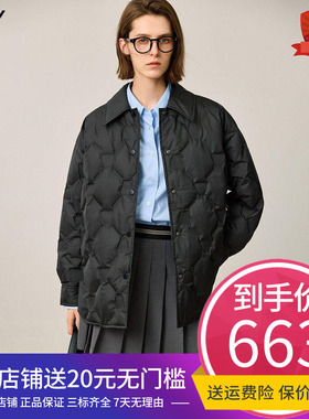 LILY2025冬新款女装菱格纹衬衫领90鸭绒黑色羽绒服外套中长款正品