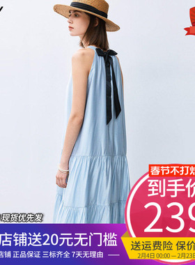 LILY度假风蓝色背后蝴蝶结垂感醋酸吊带裙2024夏新款微光连衣裙女
