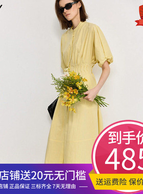 LILY2025夏新款女装简约减龄气质休闲收腰灯笼袖短袖浅黄色连衣裙