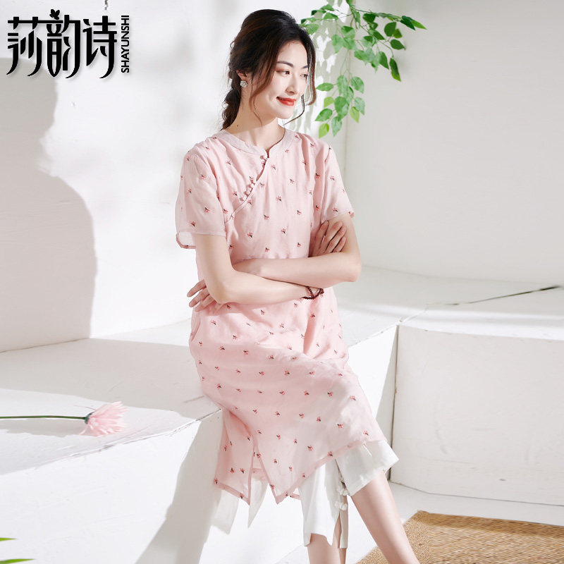 莎韵诗2021年夏季新品文艺刺绣中长款短袖改良旗袍上衣宽松衬衫女