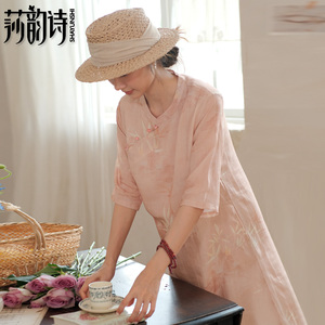 莎韵诗夏季文艺新中式竹子印花国风改良宽松斜襟中袖
