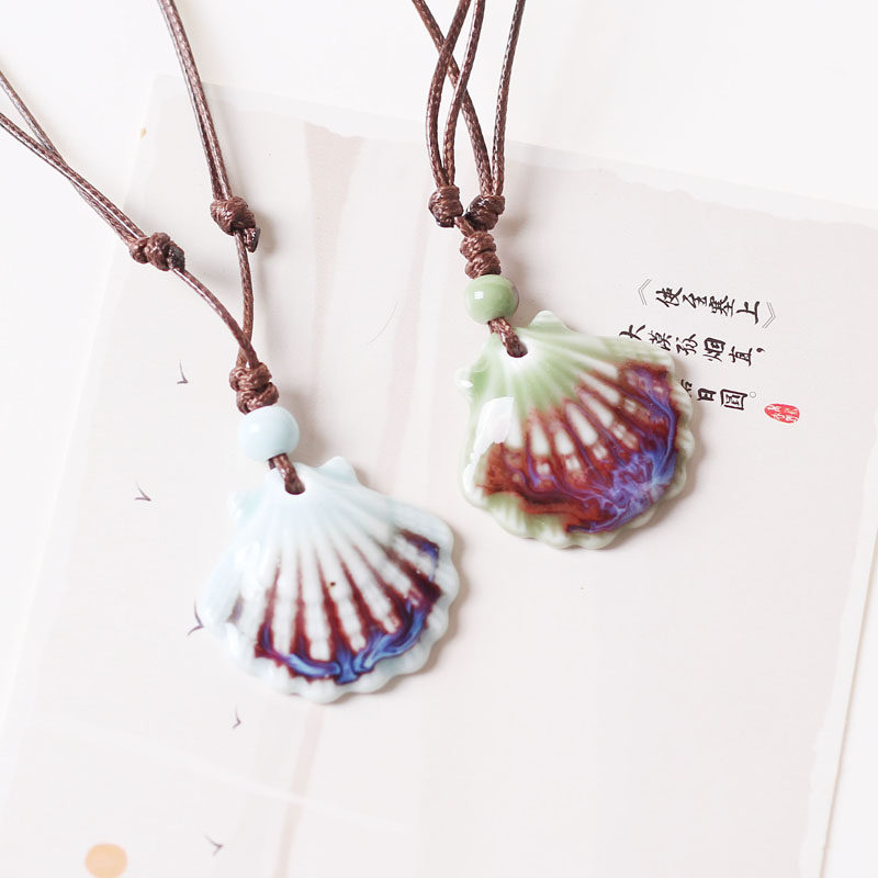 原创设计陶瓷项链贝壳吊坠手工编织 可调节长度成人学生女小清新
