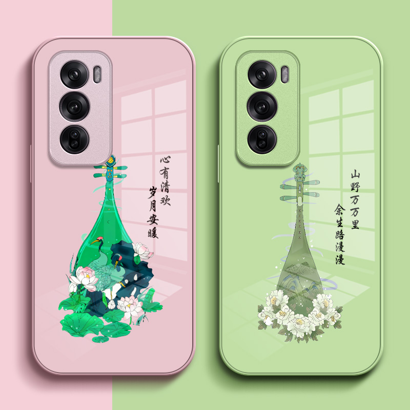 适用oppo Reno12pro手机壳PJW110保护套Reon12pro钢化玻璃背板Rneo12pr0玻璃壳ren012pro中国风琵琶硅胶软边